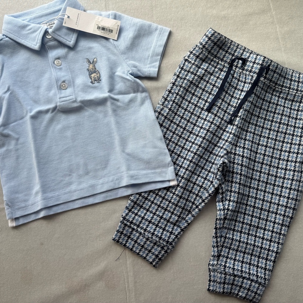 Janie and Jack Light Blue Polo Set with Embroidered Bunny